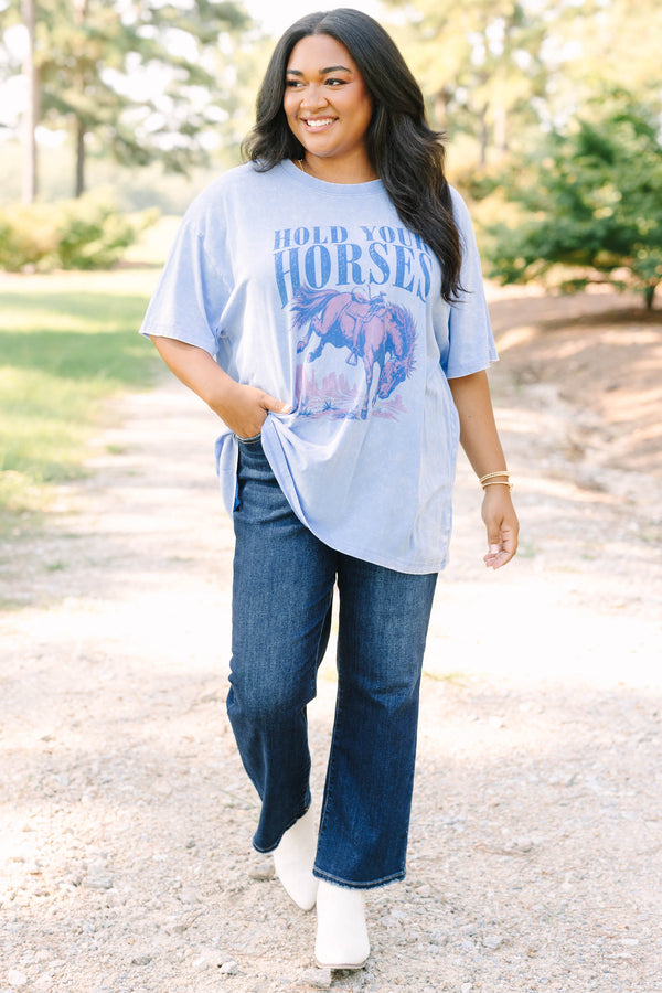 Plus size cornflower blue acid wash relaxed tee with a vintage horse graphic.