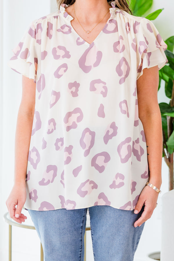 Chic Soul plus size clothing, natural lavender short ruffle sleeve cheetah print top