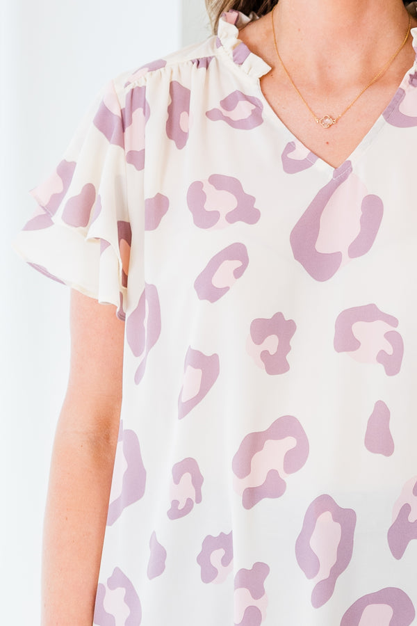 Chic Soul plus size clothing, natural lavender short ruffle sleeve cheetah print top