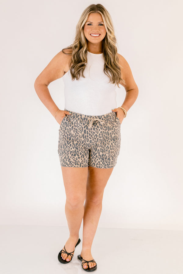 Chic Sou plus size clothing, leopard shorts with front pockets and a draw string waistband 
