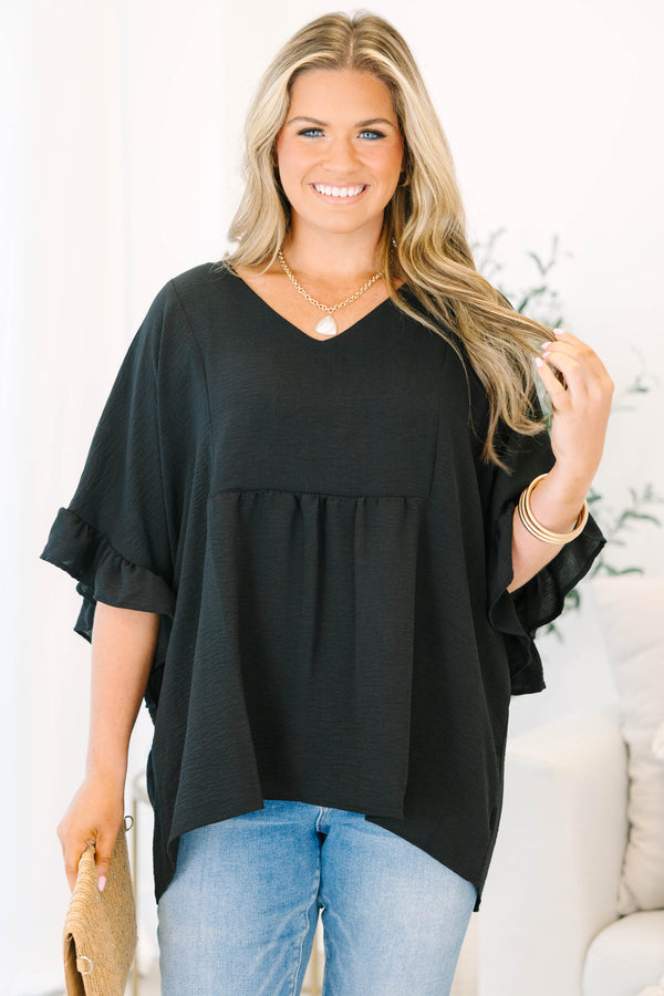 Chic Soul plus size clothing, black three quarter length sleeve babydoll flowy top with ruffle along sleeves and v neckline