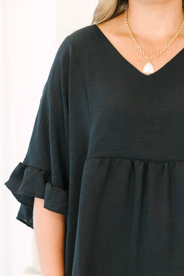 Chic Soul plus size clothing, black three quarter length sleeve babydoll flowy top with ruffle along sleeves and v neckline