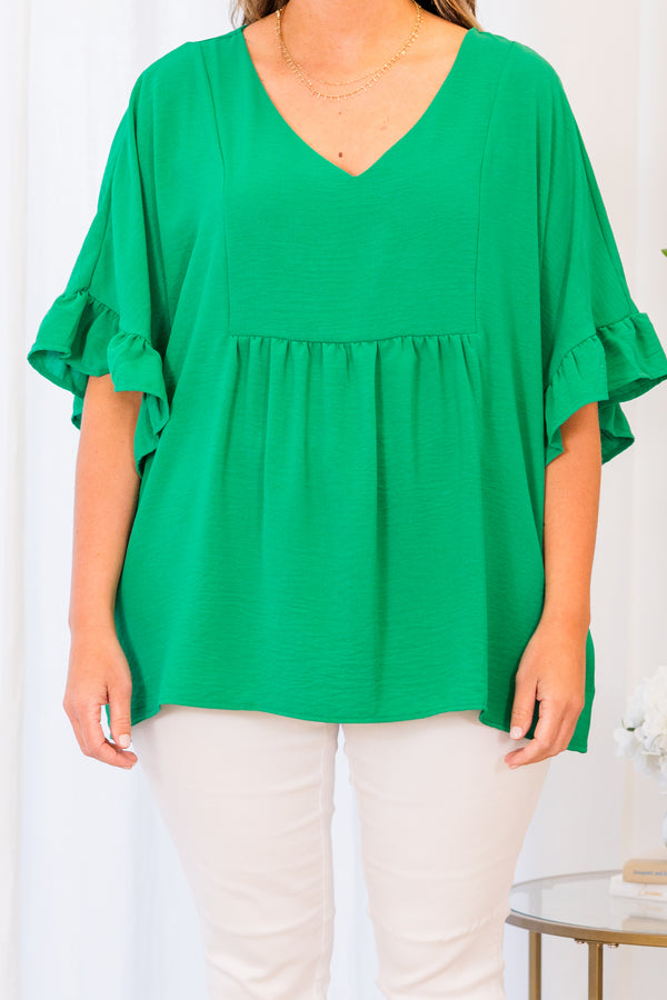 Chic Soul plus size clothing, short sleeve emerald green ruffled baby doll top with v-neckline and ruffled sleeves