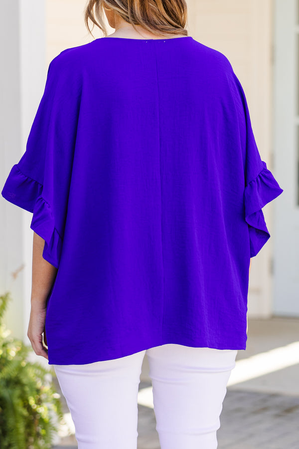 Chic Soul plus size clothing, short sleeve royal blue baby doll top with v-neckline and ruffled sleeves