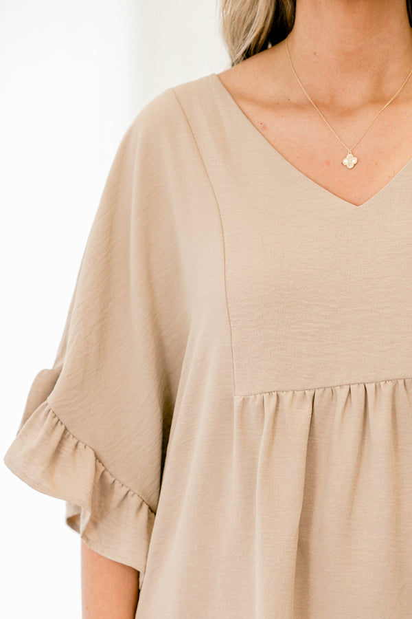 chic soul plus size clothing, taupe babydoll top with v-neck and short sleeves with a ruffle accent at the end of the sleeves 
