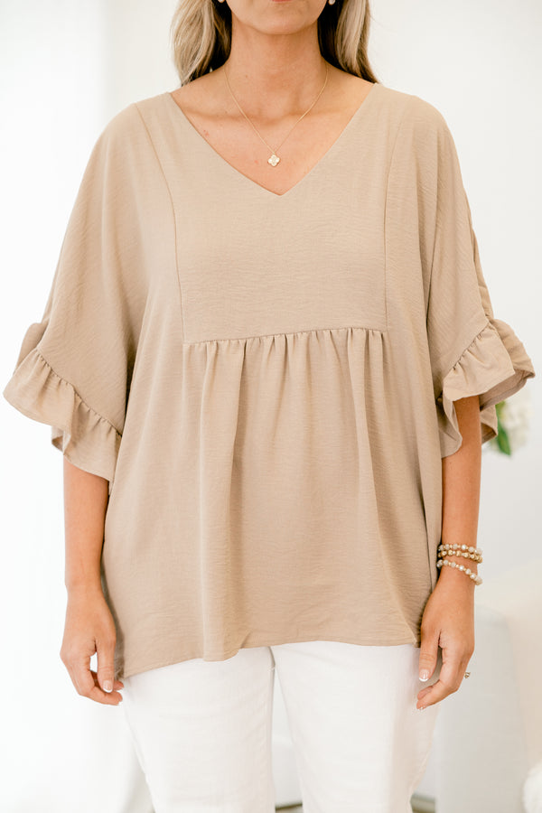 chic soul plus size clothing, taupe babydoll top with v-neck and short sleeves with a ruffle accent at the end of the sleeves 
