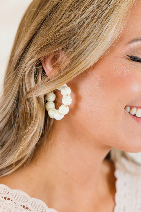 Chic Soul plus size clothing, ivory rattan woven bubble open hoop earrings with gold accents