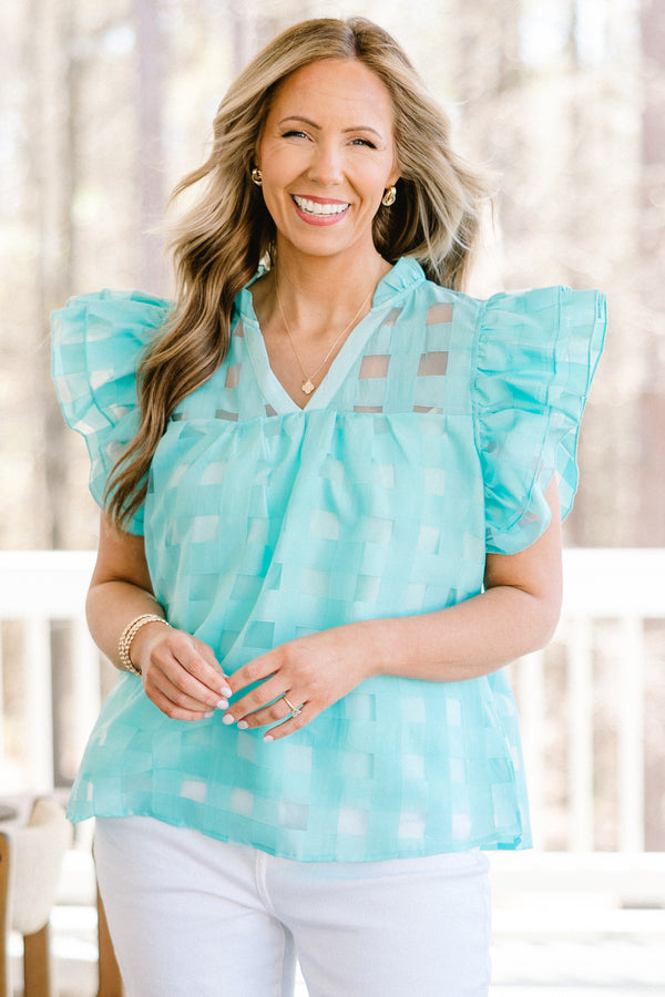 Chic Soul plus size clothing, short-flutter-sleeve sheer aqua blue top with a split-v-neckline and a gingham pattern 