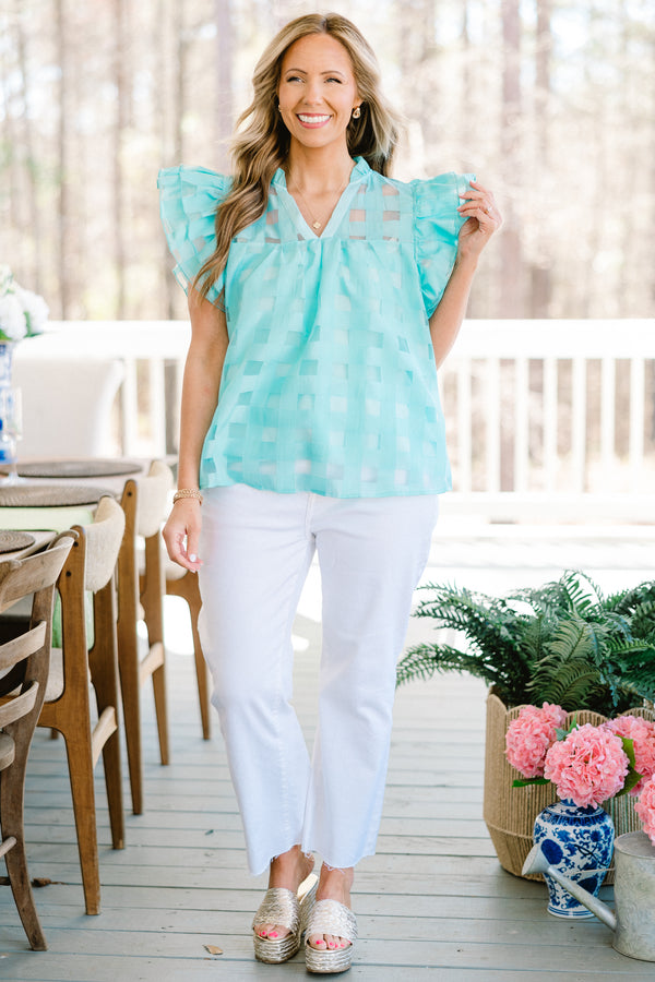 Chic Soul plus size clothing, short-flutter-sleeve sheer aqua blue top with a split-v-neckline and a gingham pattern 