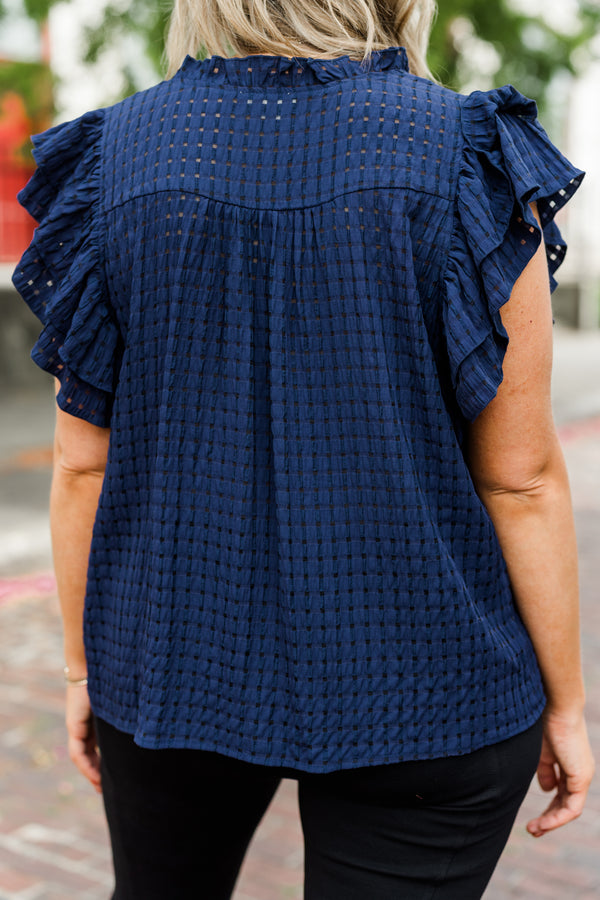 Chic Soul plus size clothing, navy gingham short sleeve top with ruffle sleeves with v neckline