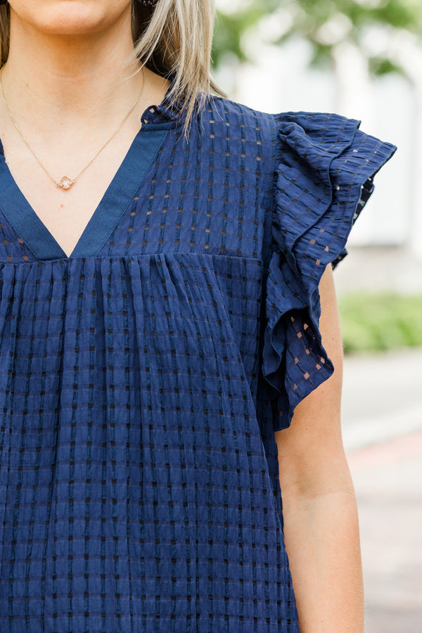 Chic Soul plus size clothing, navy gingham short sleeve top with ruffle sleeves with v neckline