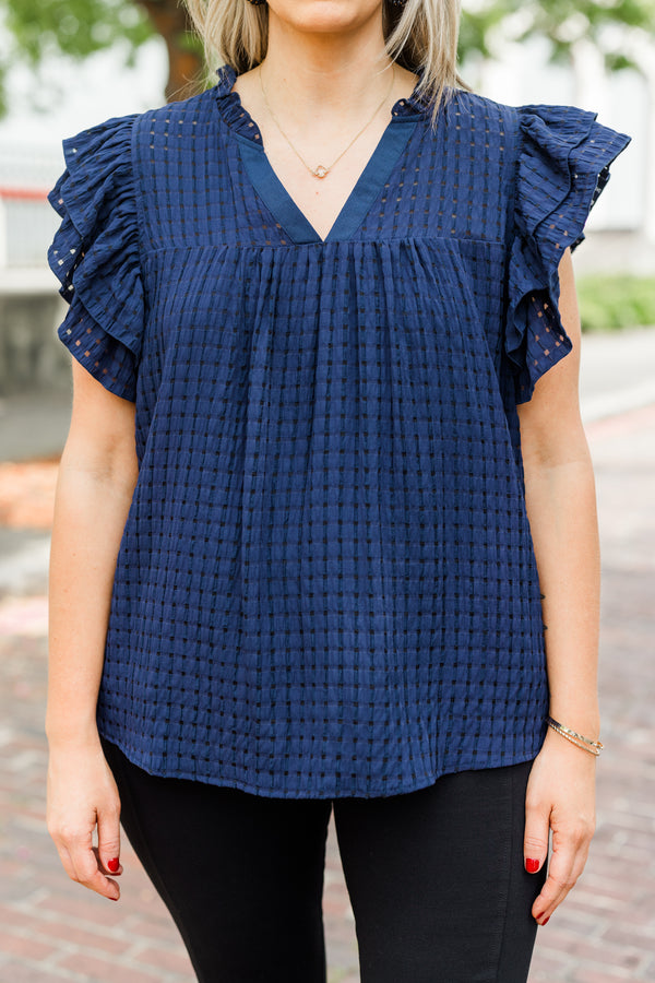Chic Soul plus size clothing, navy gingham short sleeve top with ruffle sleeves with v neckline