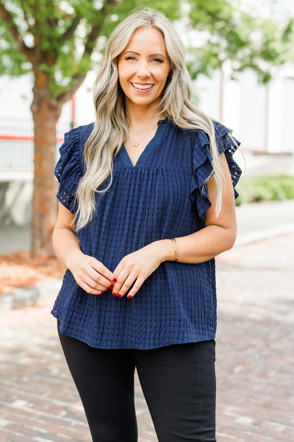 Chic Soul plus size clothing, navy gingham short sleeve top with ruffle sleeves with v neckline