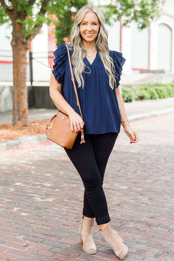 Chic Soul plus size clothing, navy gingham short sleeve top with ruffle sleeves with v neckline