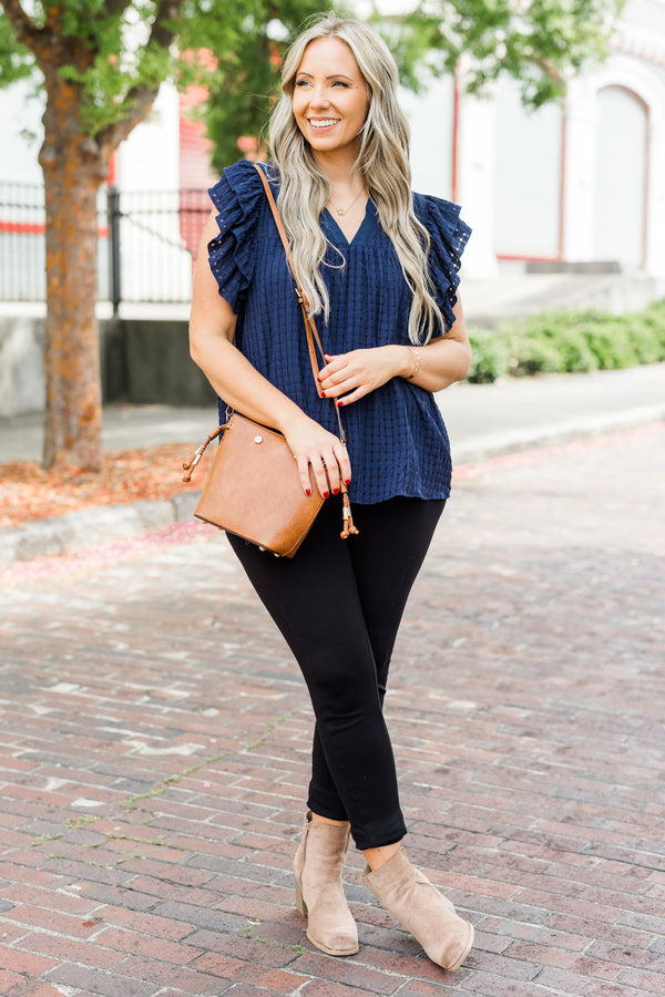 Chic Soul plus size clothing, navy gingham short sleeve top with ruffle sleeves with v neckline