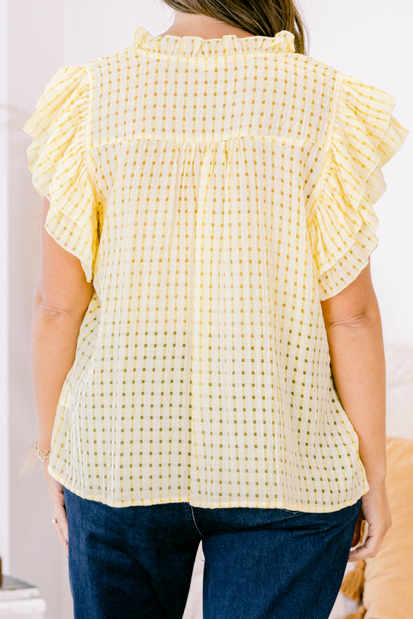 Chic Soul plus size clothing, yellow and white gingham style short flutter sleeve top