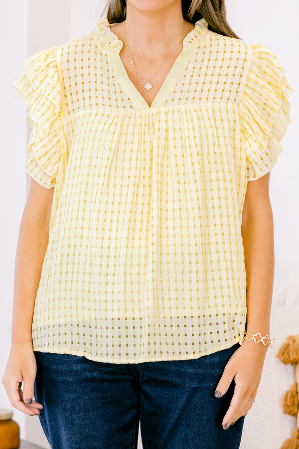 Chic Soul plus size clothing, yellow and white gingham style short flutter sleeve top