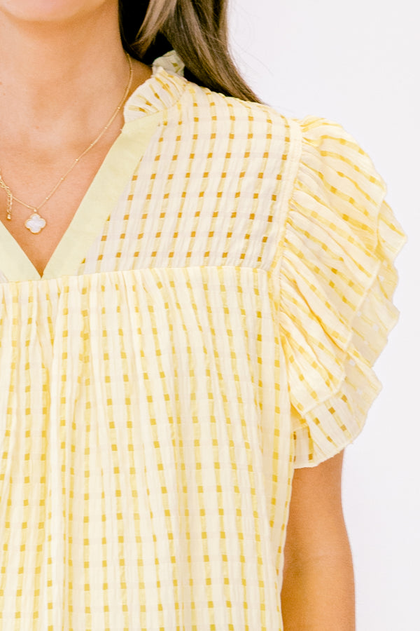 Chic Soul plus size clothing, yellow and white gingham style short flutter sleeve top