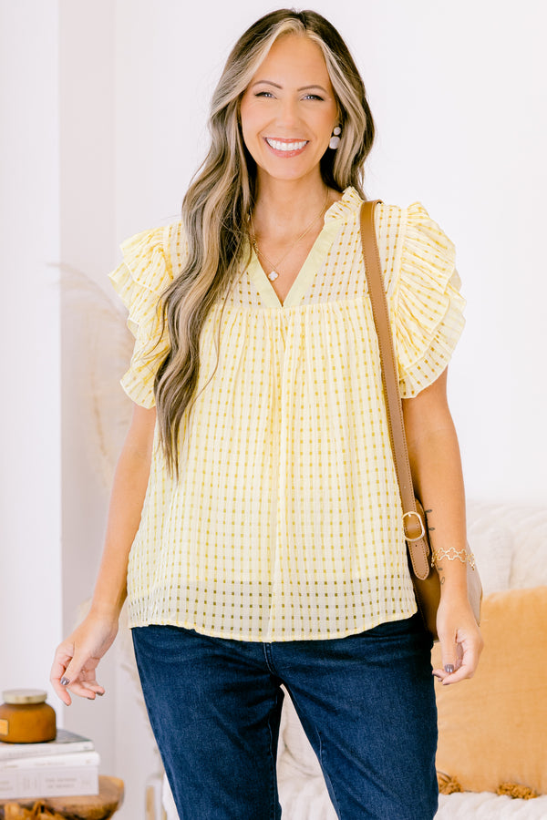Chic Soul plus size clothing, yellow and white gingham style short flutter sleeve top