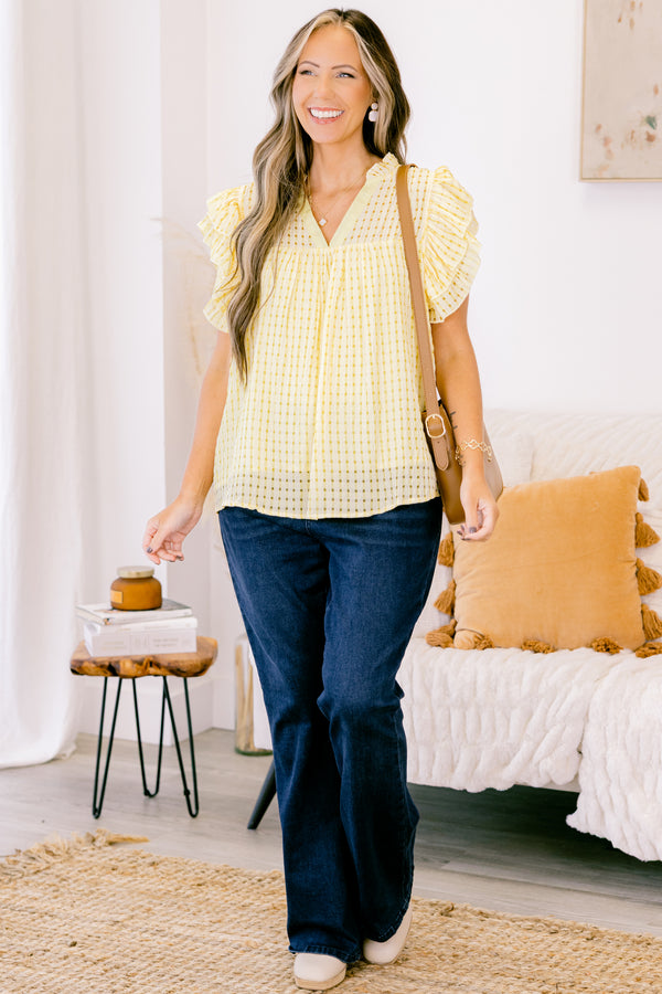 Chic Soul plus size clothing, yellow and white gingham style short flutter sleeve top