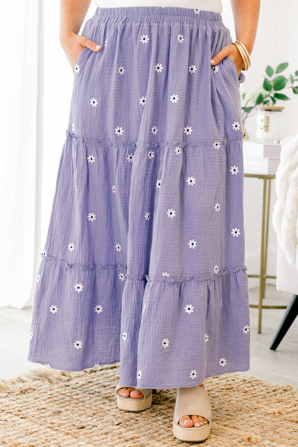 Chic Soul plus size clothing, light bluish purple stretchy waistband tiered maxi skirt with white embroidered floral pattern and pockets