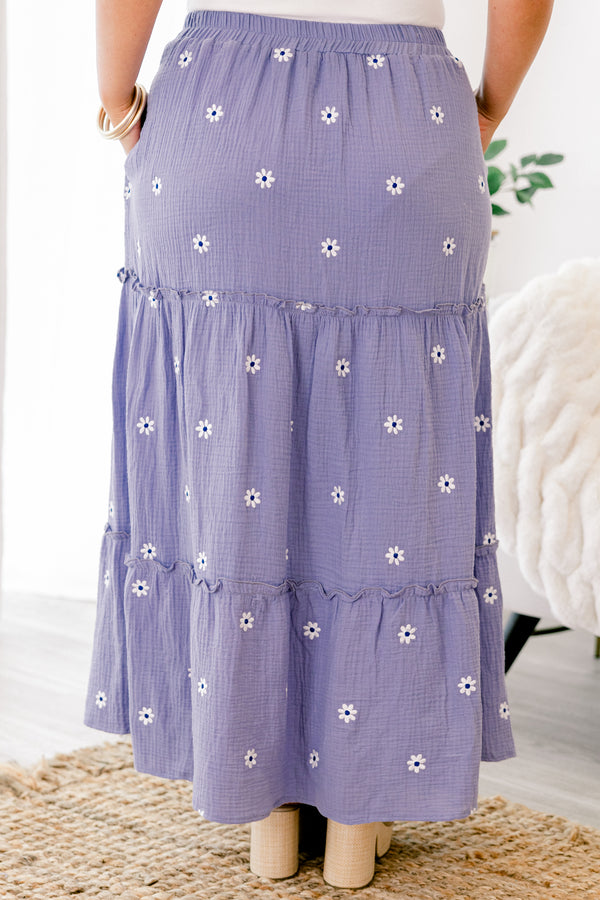 Chic Soul plus size clothing, light bluish purple stretchy waistband tiered maxi skirt with white embroidered floral pattern and pockets