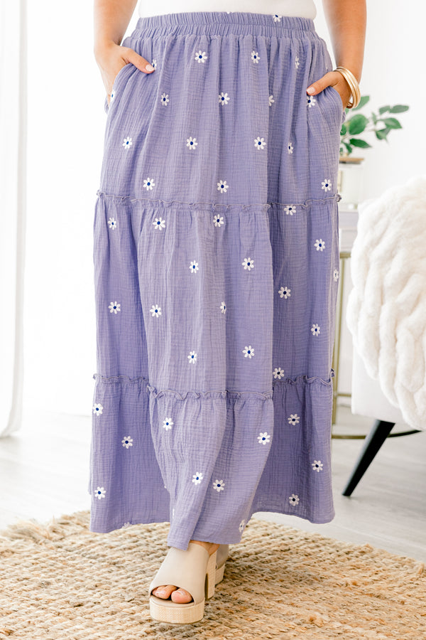 Chic Soul plus size clothing, light bluish purple stretchy waistband tiered maxi skirt with white embroidered floral pattern and pockets