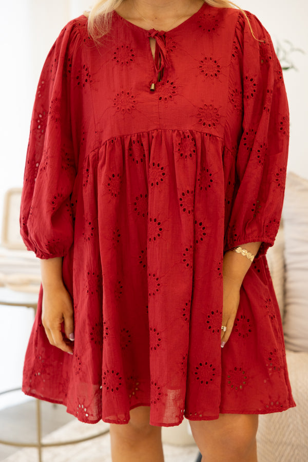 Chic Soul plus size clothing, burgundy red long sleeve baby doll short dress with eyelet circular pattern and tie at the neckline