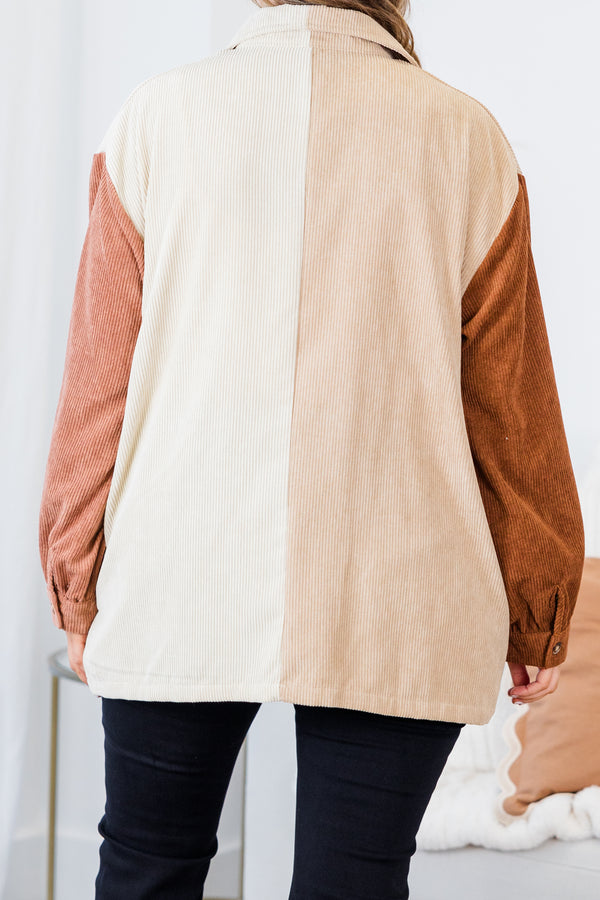 Chic Soul plus size clothing, taupe corduroy button up shacket with taupe body with rust sleeve and pink sleeve with collar