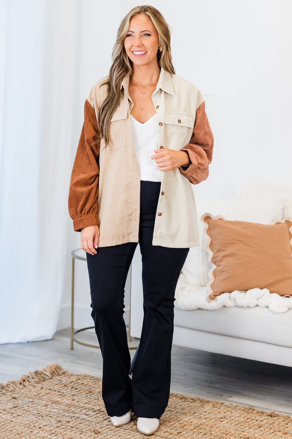 Chic Soul plus size clothing, taupe corduroy button up shacket with taupe body with rust sleeve and pink sleeve with collar