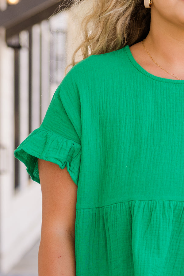Chic Soul plus size clothing, kelly green short sleeve three tiered top with ruffle detail along sleeves with round neckline