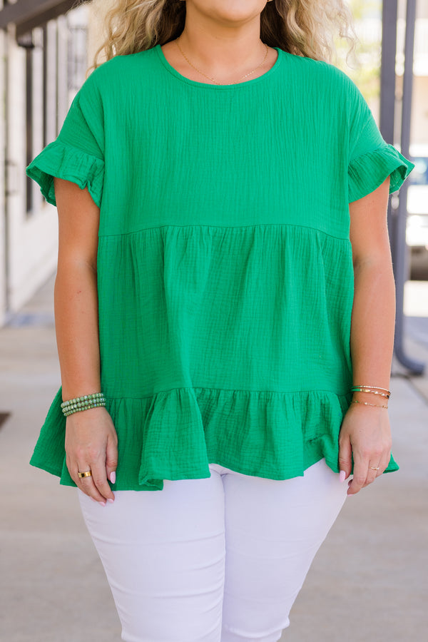 Chic Soul plus size clothing, kelly green short sleeve three tiered top with ruffle detail along sleeves with round neckline