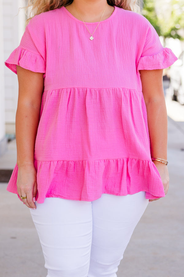 Chic Soul plus size clothing, short sleeve pink linen top with tiered detail with round neckline and ruffle along sleeves