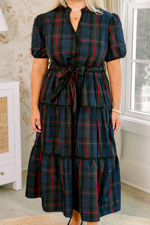 Chic Soul plus size clothing, navy red and green tartan plaid short puff sleeve tiered maxi dress with tie belt