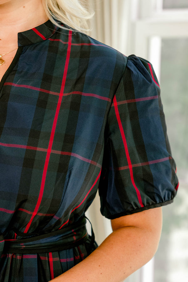 Chic Soul plus size clothing, navy red and green tartan plaid short puff sleeve tiered maxi dress with tie belt