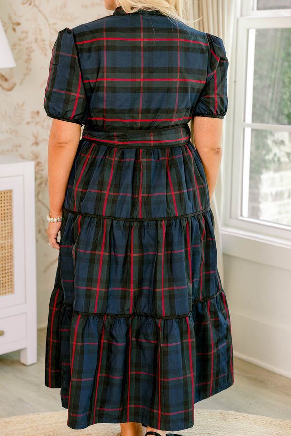 Chic Soul plus size clothing, navy red and green tartan plaid short puff sleeve tiered maxi dress with tie belt