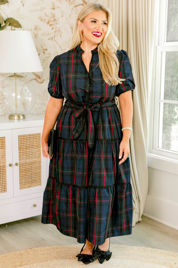 Chic Soul plus size clothing, navy red and green tartan plaid short puff sleeve tiered maxi dress with tie belt