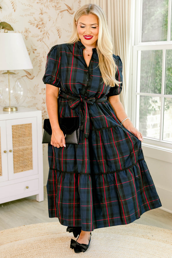 Chic Soul plus size clothing, navy red and green tartan plaid short puff sleeve tiered maxi dress with tie belt