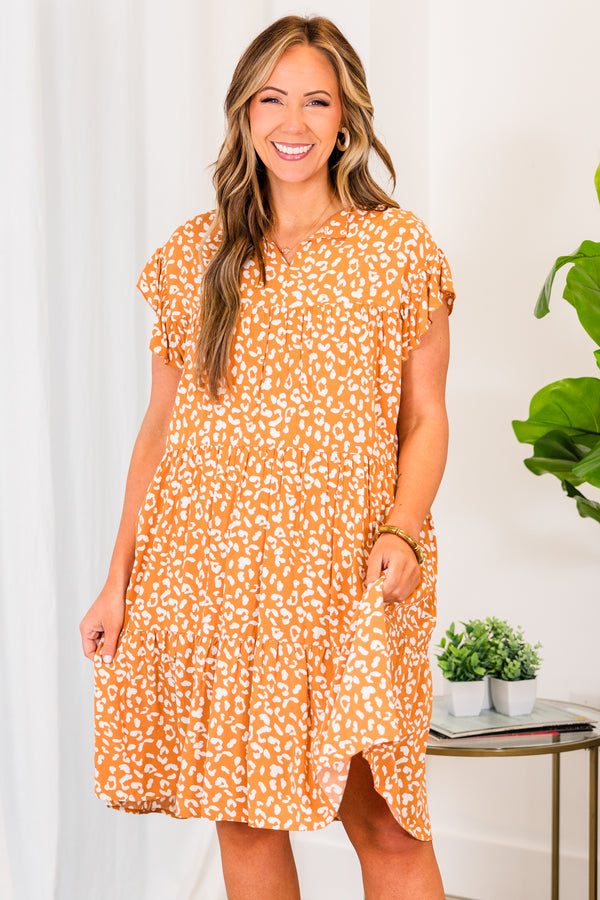 Chic Soul plus size clothing, orange leopard print knee length dress with v cutout on neckline and ruffle sleeves