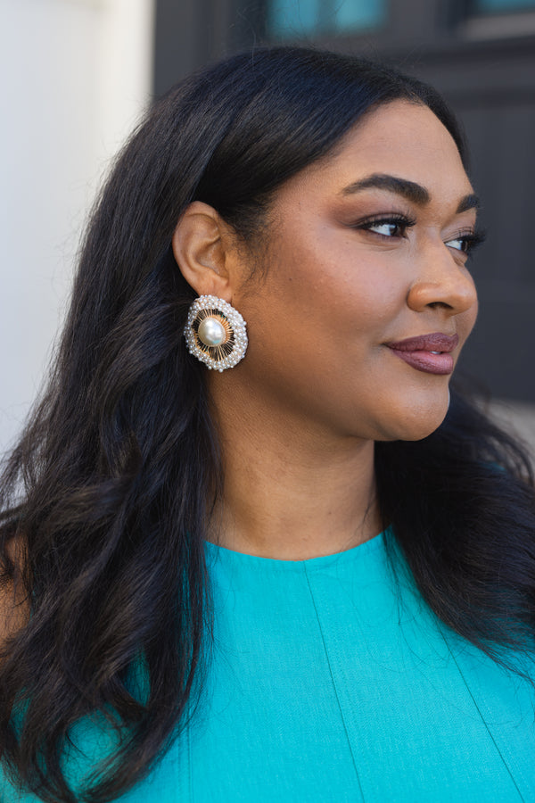 Chic Soul plus size clothing, gold round stud with a pearl on top of a gold round stud as well as small pearls going around the outer edges 