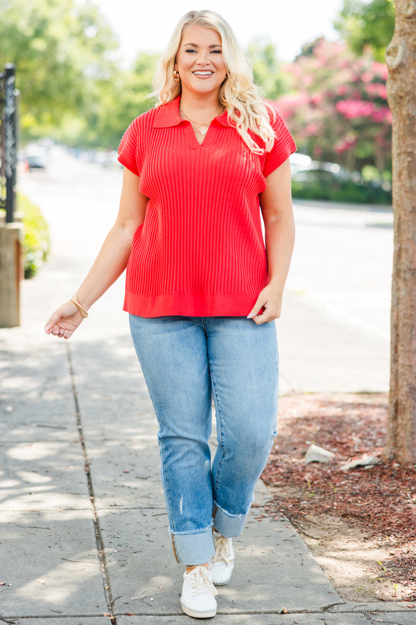 Chic Soul plus size clothing, coral red ribbed short sleeve collared knit sweater top