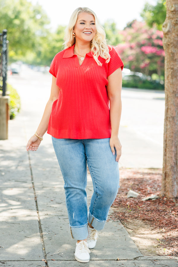 Chic Soul plus size clothing, coral red ribbed short sleeve collared knit sweater top