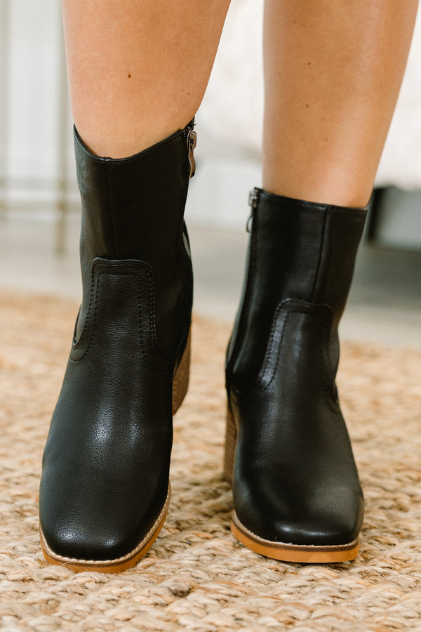 Chic Soul plus size clothing, black faux leather chelsea bootie wedges with a light brown heel