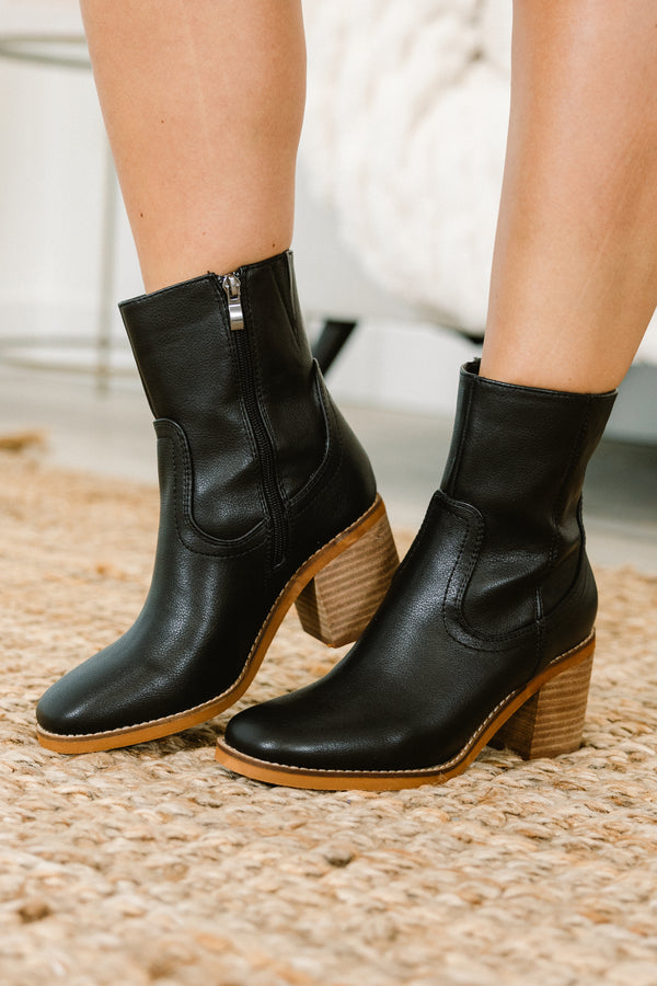 Chic Soul plus size clothing, black faux leather chelsea bootie wedges with a light brown heel