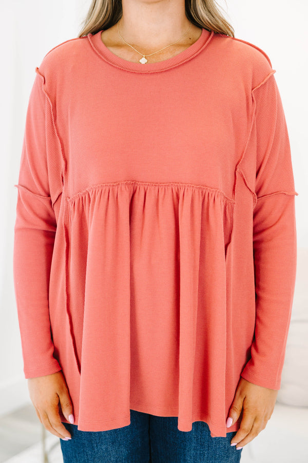 Chic Soul Plus size clothing, dusty pink long sleeve top with distressed stitching details 