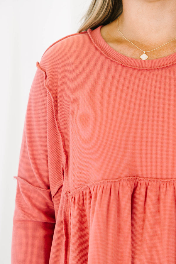 Chic Soul Plus size clothing, dusty pink long sleeve top with distressed stitching details 