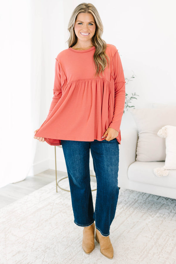 Chic Soul Plus size clothing, dusty pink long sleeve top with distressed stitching details 