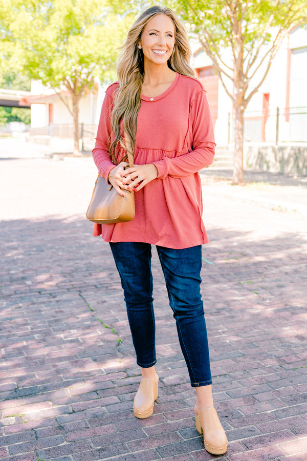 Chic Soul Plus size clothing, dusty pink long sleeve top with distressed stitching details 
