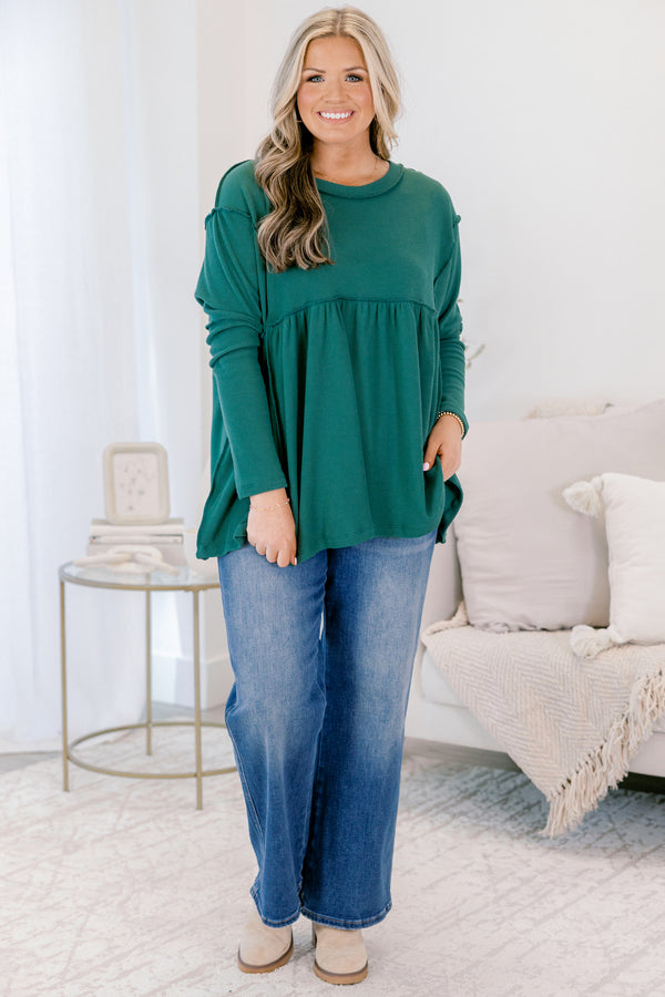 Chic Soul plus size clothing, dark green long sleeve baby doll top