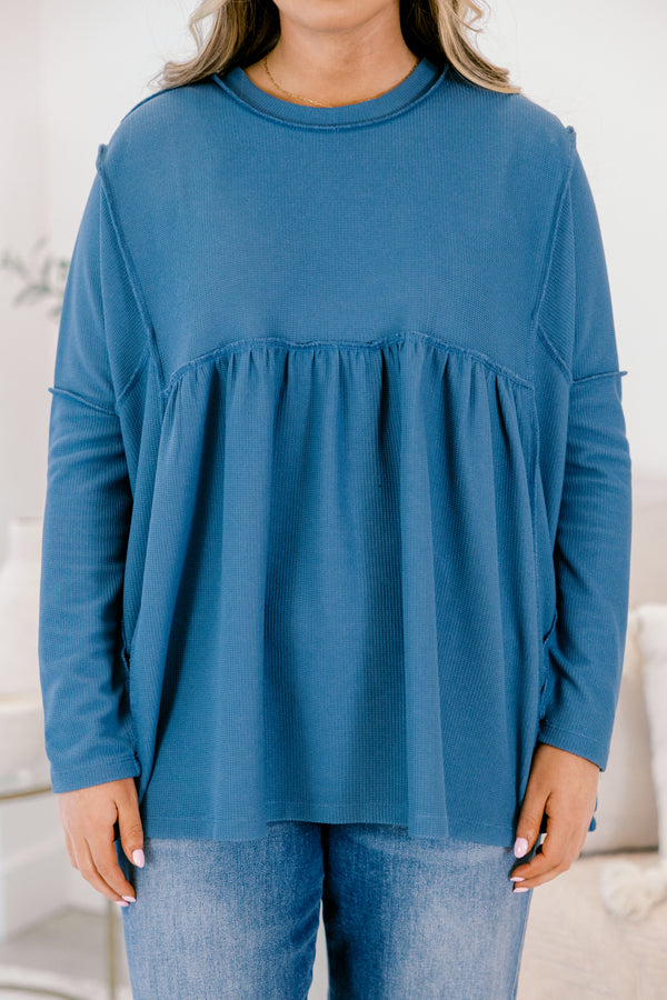 Chic Soul plus size clothing, navy micro waffle knit babydoll top with exposed seam details